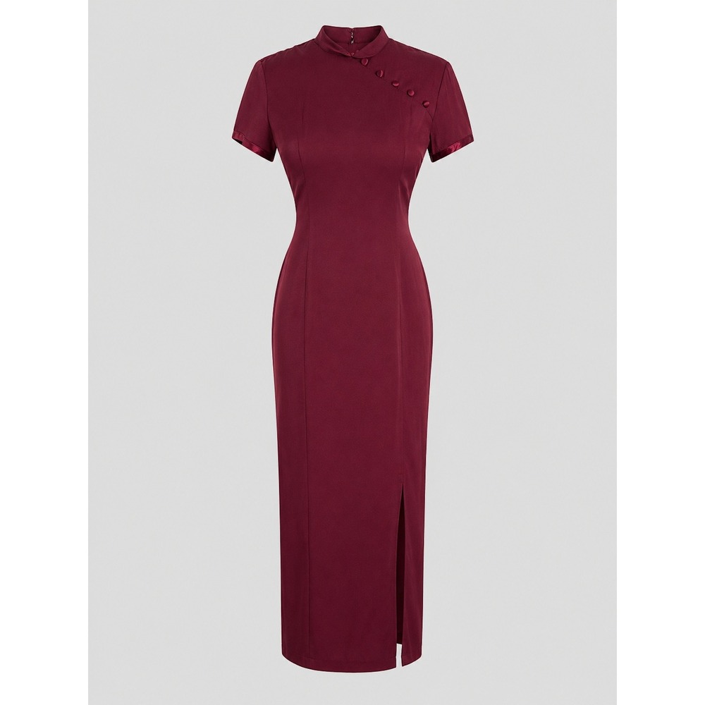 Vintage Jas C Moon California‎ Burgundy Mandarin Maxi Dress Womens Size 5 USA
